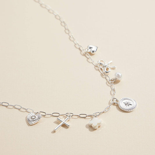 Charm Necklace with Heart, Cross, Compass Pearl, and Bow Pendants