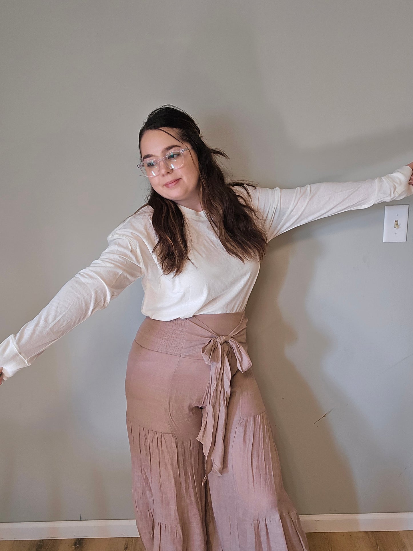 Front Tie Waist Tiered Palazzo Pants