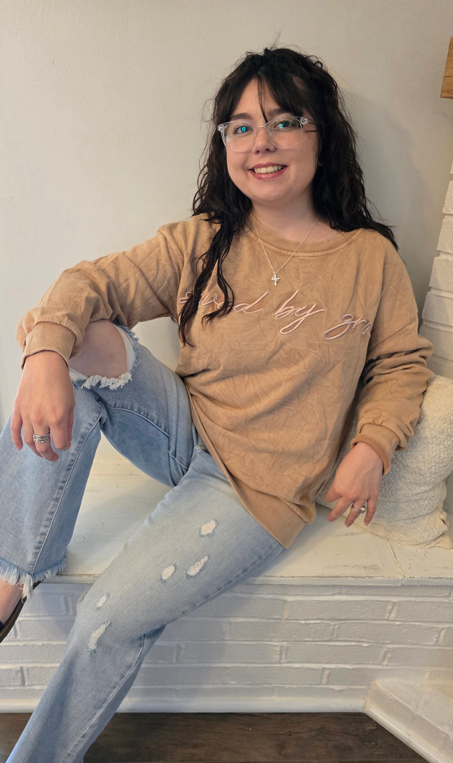 Saved by grace Embroidery Mineral Wash Sweatshirt