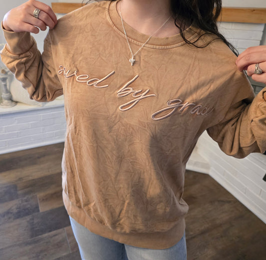 Saved by grace Embroidery Mineral Wash Sweatshirt