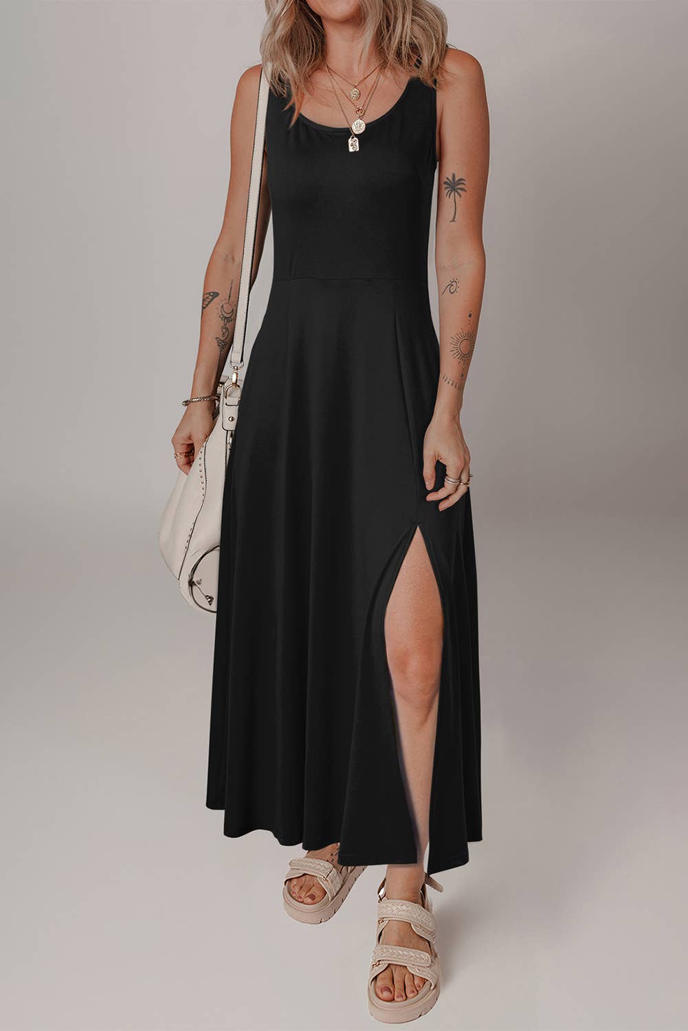 Casual Solid Side Split Midi Dress