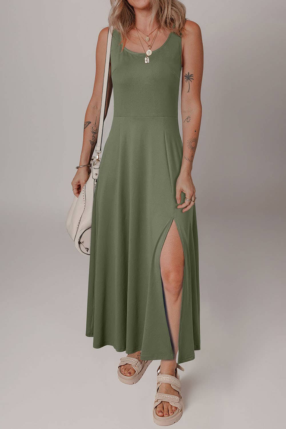 Casual Solid Side Split Midi Dress